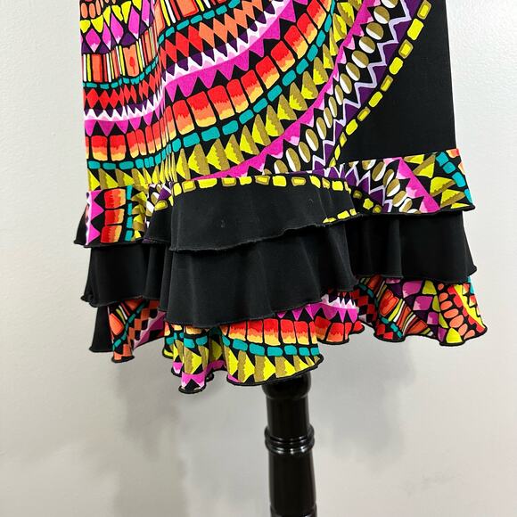 Tiana B Black Colorful Mosaic Sunset Print Ruffle Hem Sleeveless Dress Sz S - Picture 5 of 8